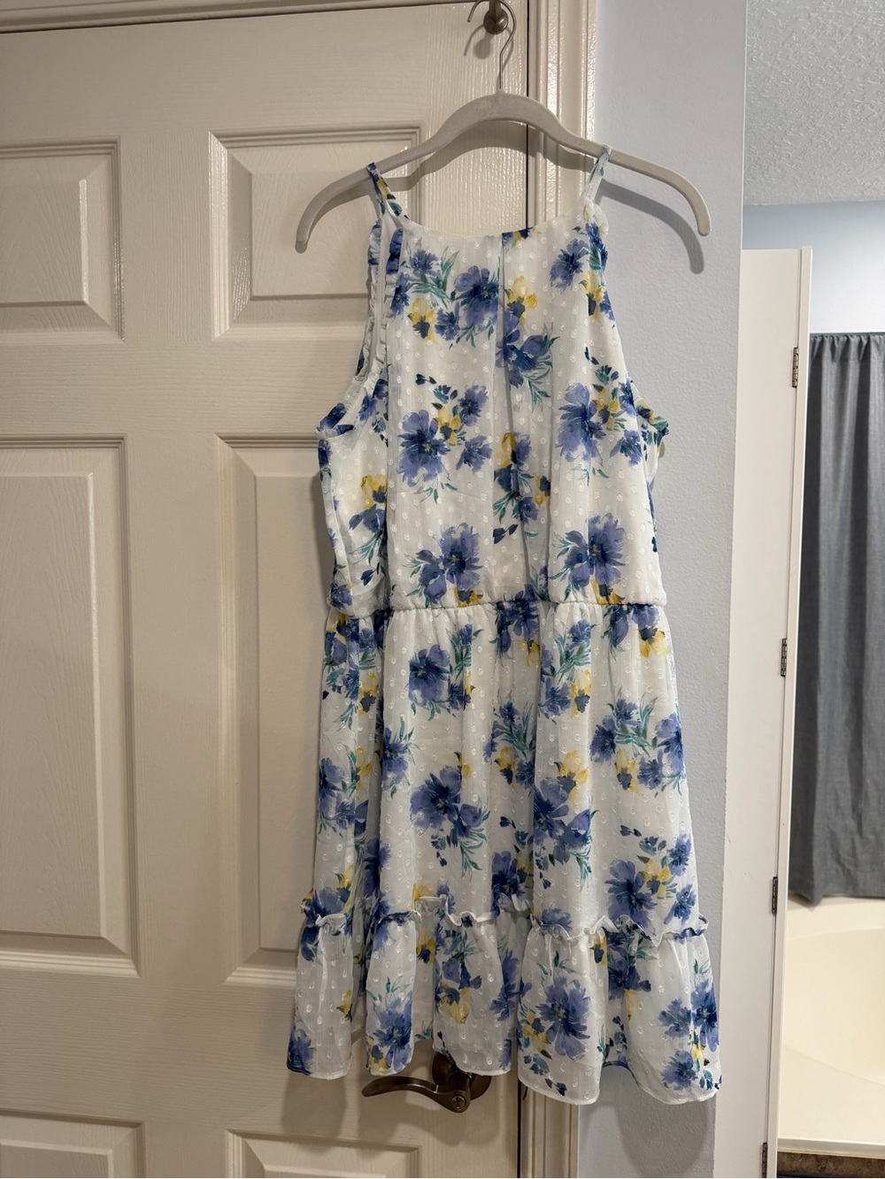 White Floral Mini Dress with Blue and Yellow Blooms and Spaghetti Straps